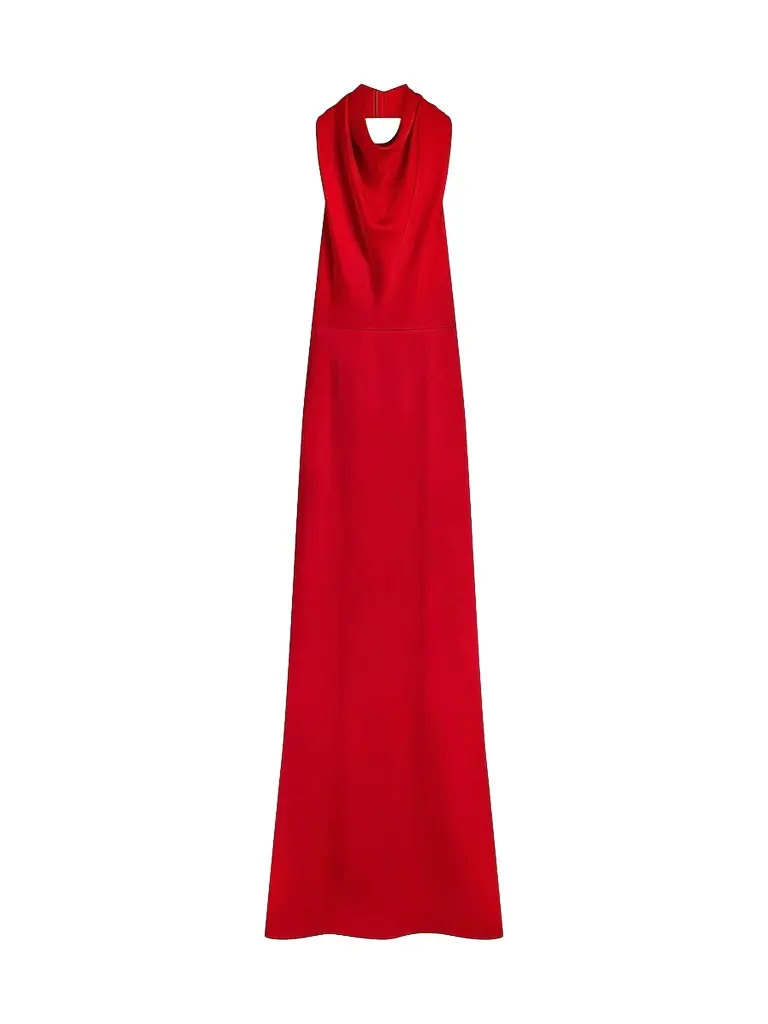 Women's Long Draped Halter Neck Dress in Satin Crepe - Bright Red Women's Long Draped Halter Neck Dress in Satin Crepe - Bright Red