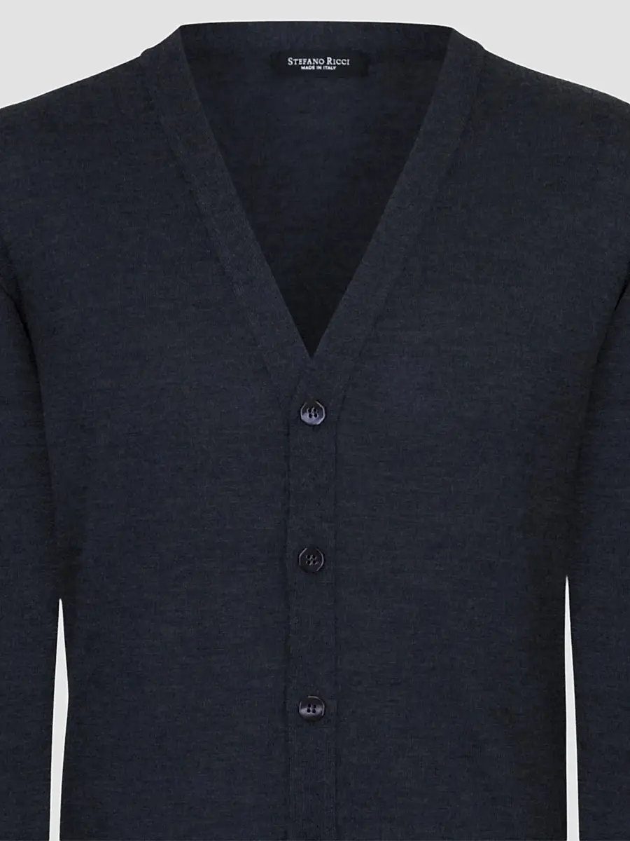 Stefano Ricci Men's Cardigan Sweater with V Collar - Dark Blue | Thumbnail 2 Stefano Ricci Men's Cardigan Sweater with V Collar - Dark Blue | Thumbnail 2