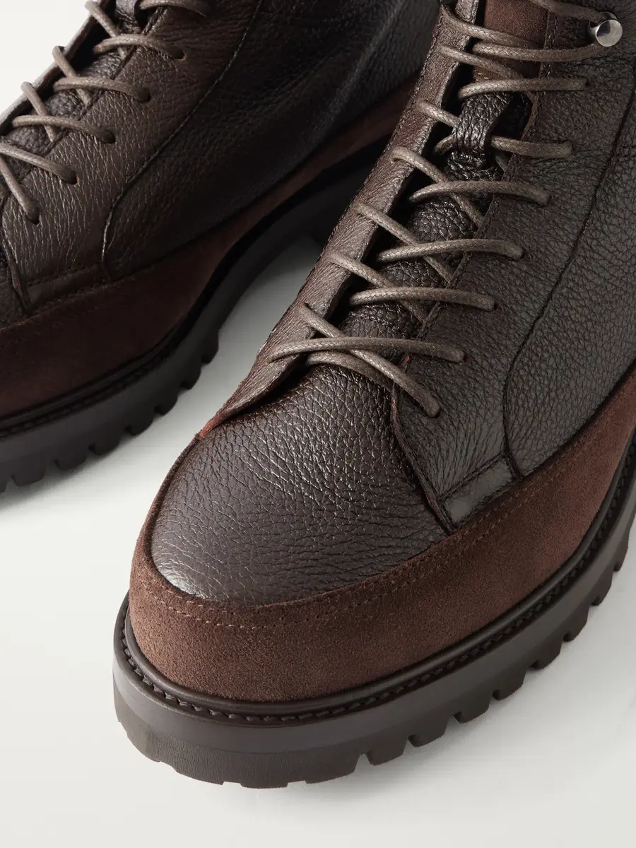 Brunello Cucinelli Shearling-Lined Suede-Trimmed Textured-Leather Lace-Up Boots - Men | Thumbnail 5