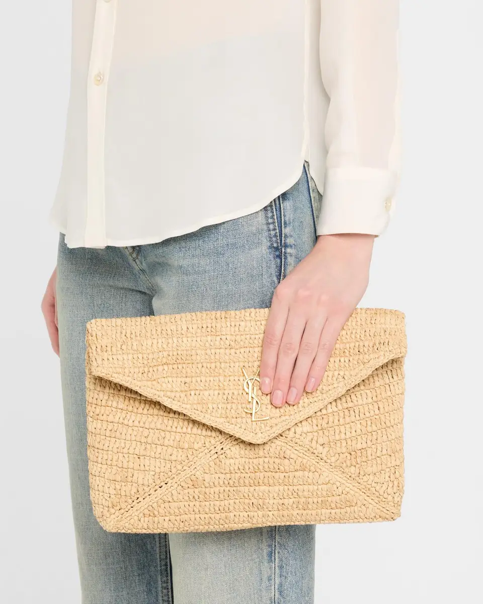 Saint Laurent Large YSL Envelope Pouch Clutch Bag in Raffia | Thumbnail 2 Saint Laurent Large YSL Envelope Pouch Clutch Bag in Raffia | Thumbnail 2