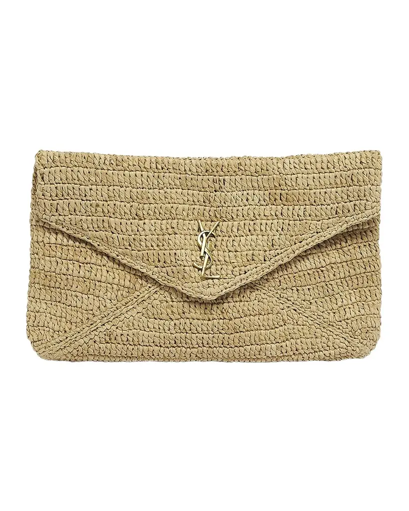 Saint Laurent Large YSL Envelope Pouch Clutch Bag in Raffia
