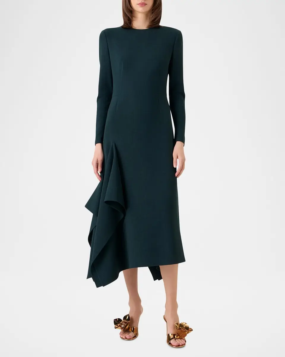 Akris Long-Sleeve Asymmetric Draped Midi Dress | Thumbnail 2 Akris Long-Sleeve Asymmetric Draped Midi Dress | Thumbnail 2