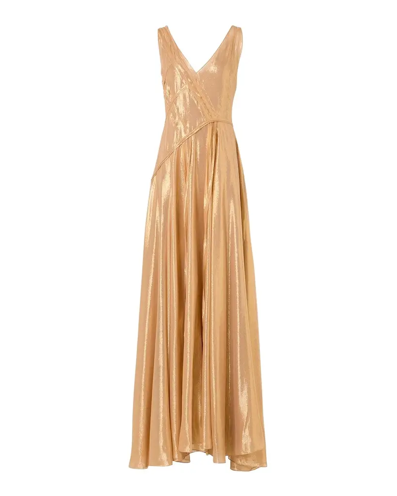 Akris Sleeveless Asymmetric Paneled Lamé Silk Gown