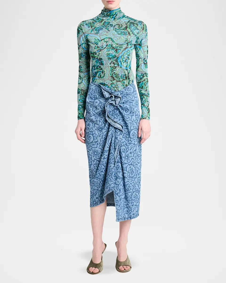 Dries Van Noten Sinas Floral Denim Ruffle Midi Skirt | Thumbnail 2
