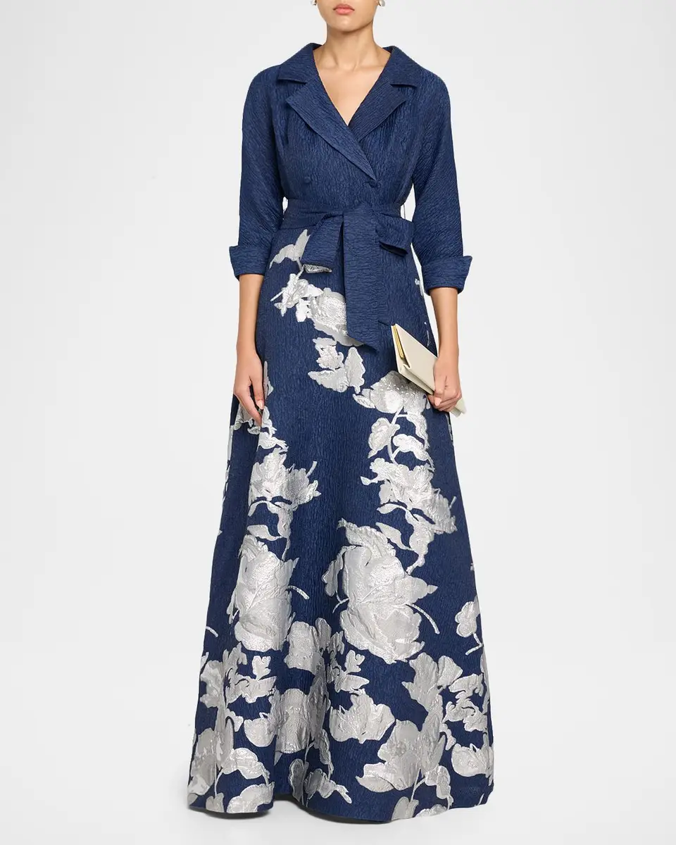 Rickie Freeman for Teri Jon Metallic Floral Jacquard Shirt Gown | Thumbnail 2 Rickie Freeman for Teri Jon Metallic Floral Jacquard Shirt Gown | Thumbnail 2