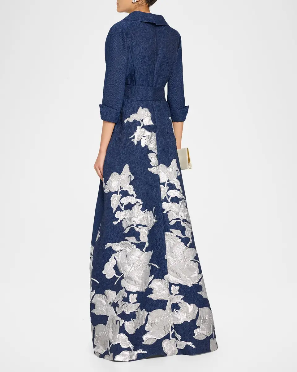 Rickie Freeman for Teri Jon Metallic Floral Jacquard Shirt Gown | Thumbnail 3 Rickie Freeman for Teri Jon Metallic Floral Jacquard Shirt Gown | Thumbnail 3