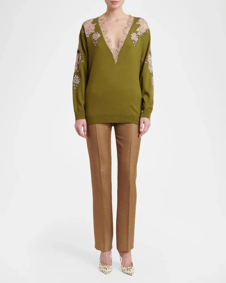 Valentino Garavani Lace-Inset Plunging Wool Sweater | Thumbnail 2 Valentino Garavani Lace-Inset Plunging Wool Sweater | Thumbnail 2