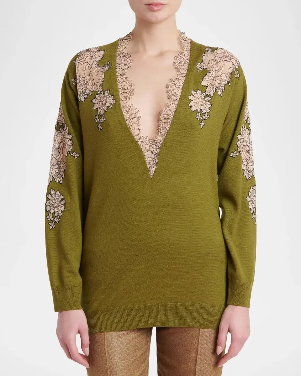 Valentino Garavani Lace-Inset Plunging Wool Sweater | Thumbnail 4 Valentino Garavani Lace-Inset Plunging Wool Sweater | Thumbnail 4