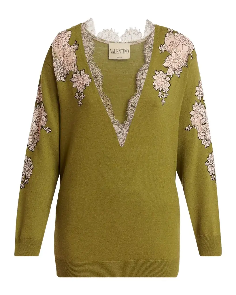 Valentino Garavani Lace-Inset Plunging Wool Sweater | Image 1 Valentino Garavani Lace-Inset Plunging Wool Sweater | Image 1