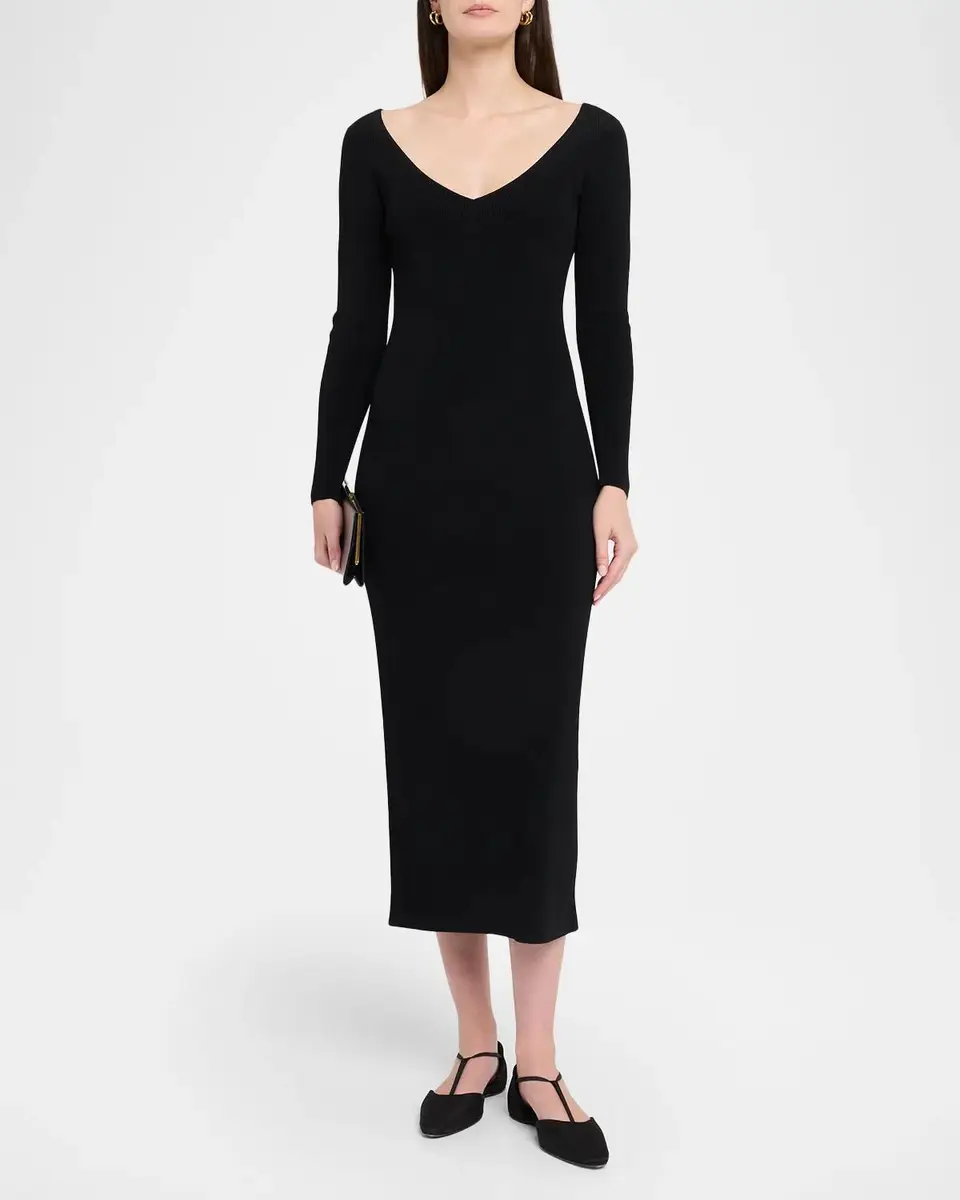 FFORME Lottie Wide V-Neck Ribbed Long-Sleeve Midi Dress | Thumbnail 2