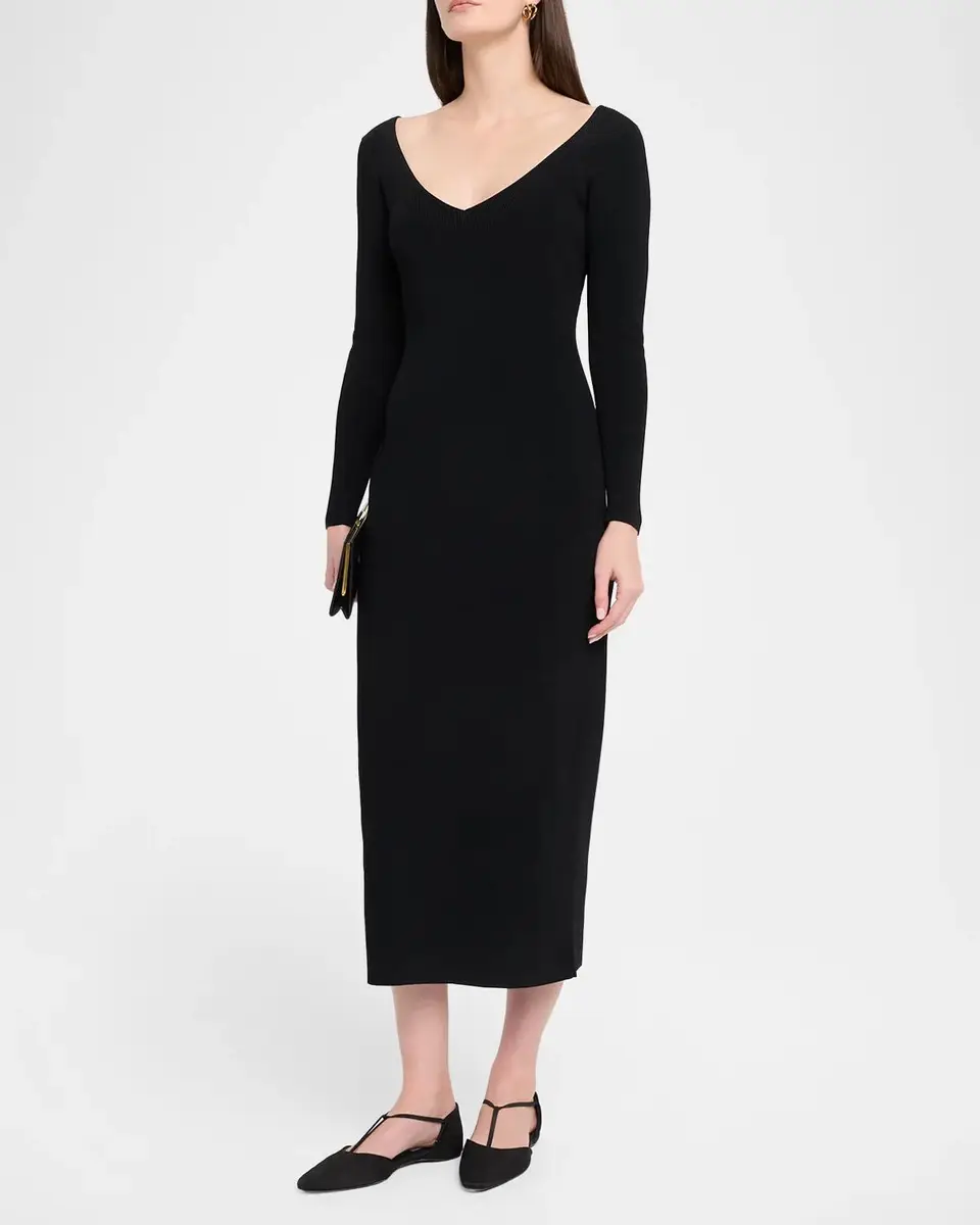 FFORME Lottie Wide V-Neck Ribbed Long-Sleeve Midi Dress | Thumbnail 4