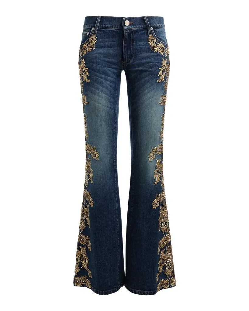 Alice + Olivia Emryn Embellished Ultra Low-Rise Relaxed Flared Jeans
