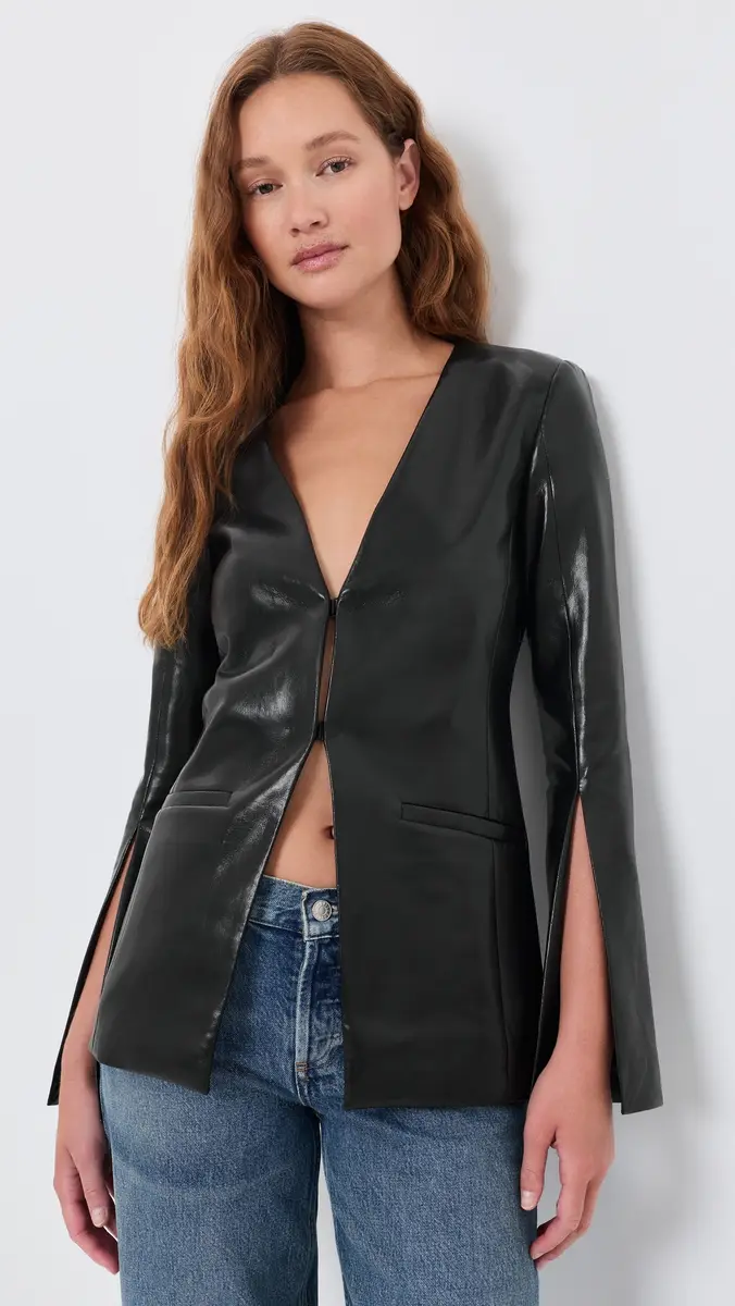 Alice + Olivia Venita Faux Leather Slim Collarless Blazer | Thumbnail 2 Alice + Olivia Venita Faux Leather Slim Collarless Blazer | Thumbnail 2