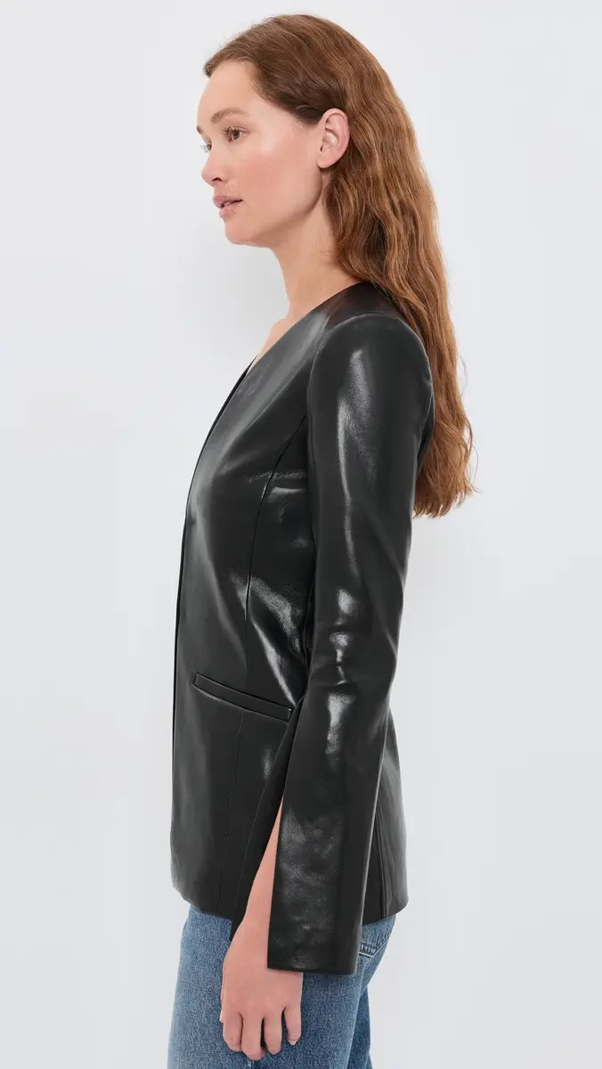 Alice + Olivia Venita Faux Leather Slim Collarless Blazer | Thumbnail 4 Alice + Olivia Venita Faux Leather Slim Collarless Blazer | Thumbnail 4