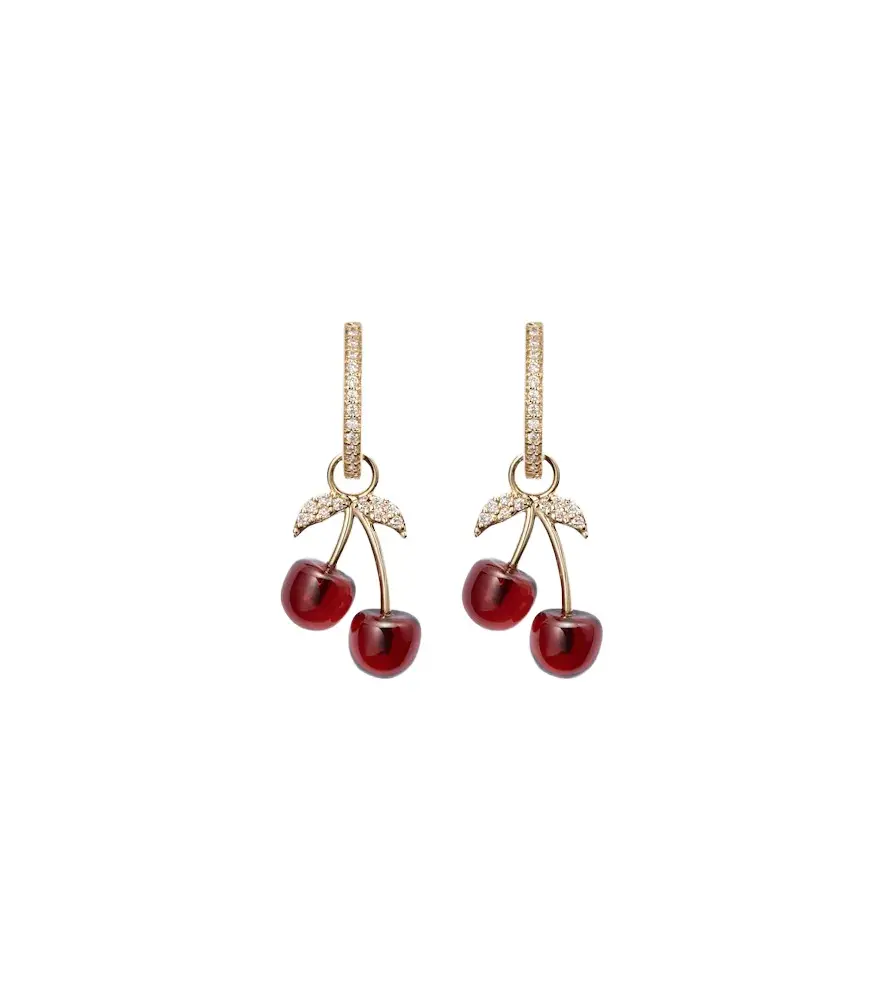 Cherry 14kt gold hoop earrings with garnets and diamonds