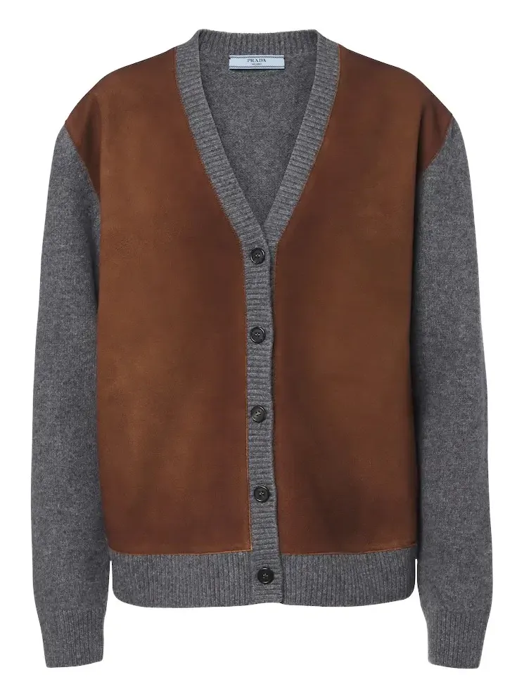 Suede-trimmed virgin wool cardigan