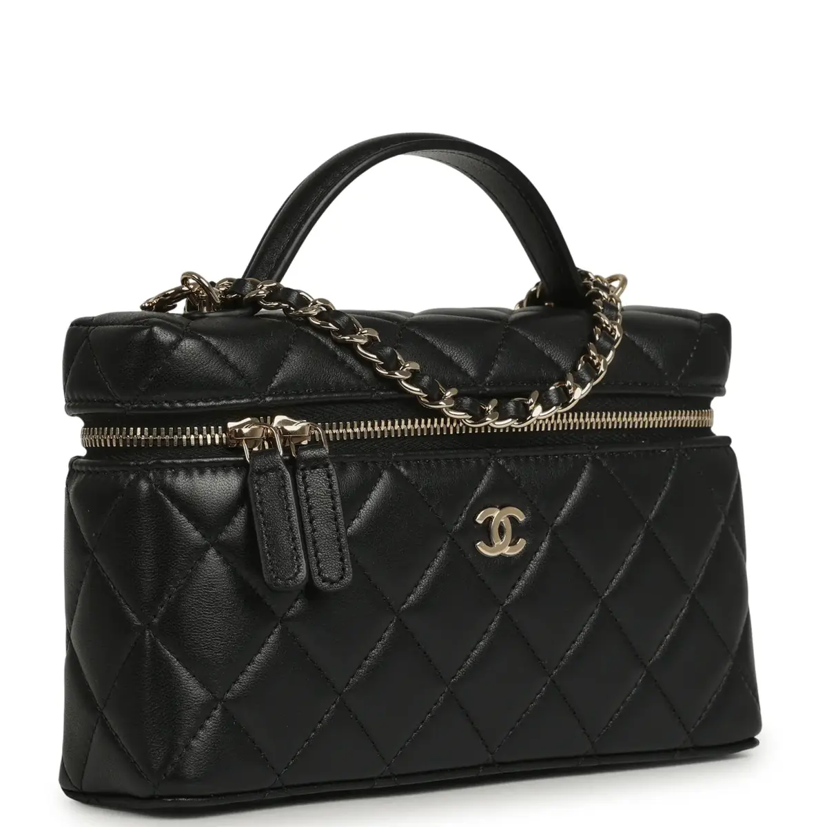 Chanel Chanel Top Handle Long Vanity Case with Chain Black Lambskin Light Gold Hardware | Thumbnail 2 Chanel Chanel Top Handle Long Vanity Case with Chain Black Lambskin Light Gold Hardware | Thumbnail 2