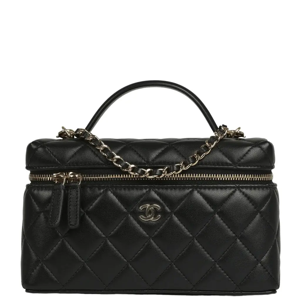Chanel Chanel Top Handle Long Vanity Case with Chain Black Lambskin Light Gold Hardware | Image 1 Chanel Chanel Top Handle Long Vanity Case with Chain Black Lambskin Light Gold Hardware | Image 1