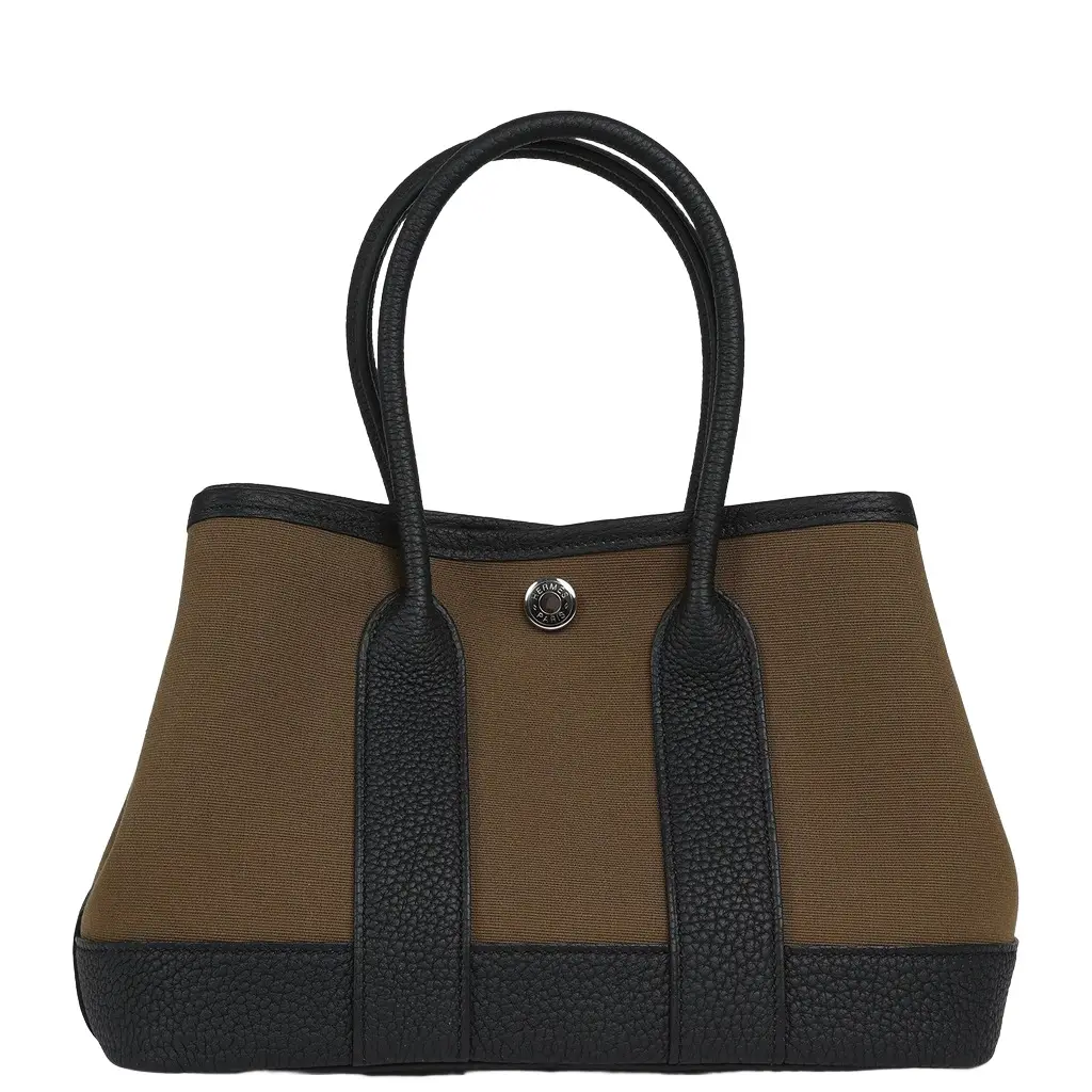 HERMÈS Hermes Garden Party Neo 23 Vert Olive Toile Officier Canvas and Black Negonda Palladium Hardware