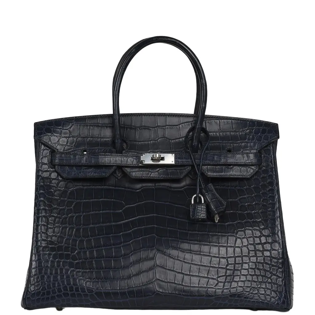 HERMÈS Pre-owned Hermes Birkin 35 Bleu Marine Matte Porosus Crocodile Palladium Hardware | Image 1 HERMÈS Pre-owned Hermes Birkin 35 Bleu Marine Matte Porosus Crocodile Palladium Hardware | Image 1