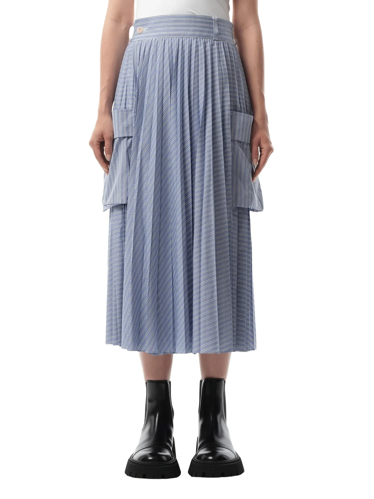Cotton Poplin Stripe Skirt in Light Blue Cotton Poplin Stripe Skirt in Light Blue