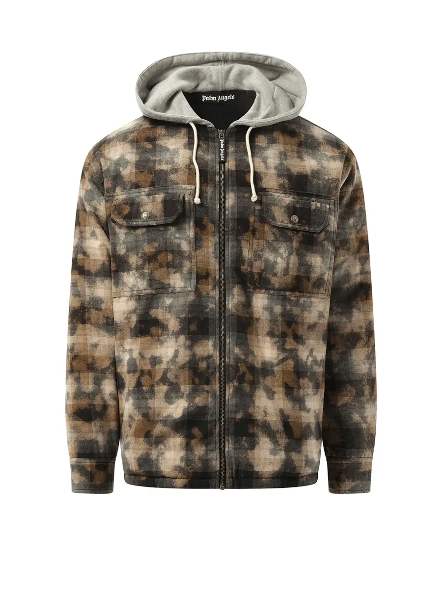 Palm Angels Curved Logo Check Overshirt in Grey/off White | Thumbnail 3