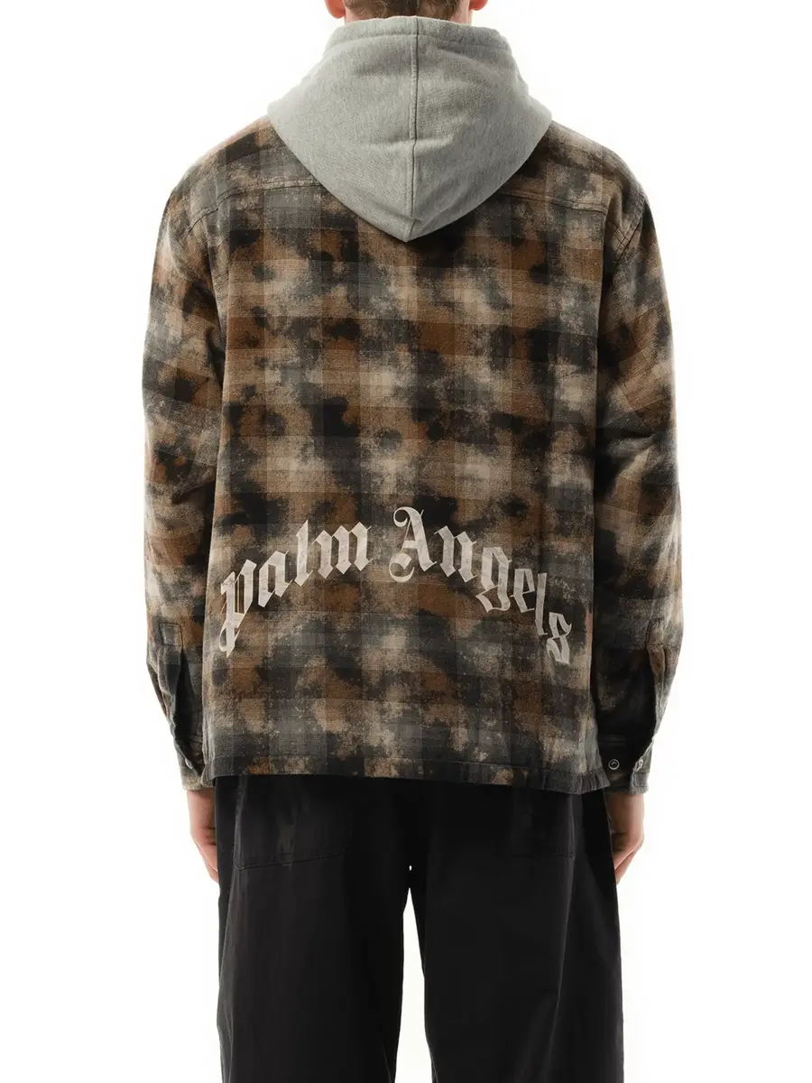 Palm Angels Curved Logo Check Overshirt in Grey/off White | Thumbnail 6