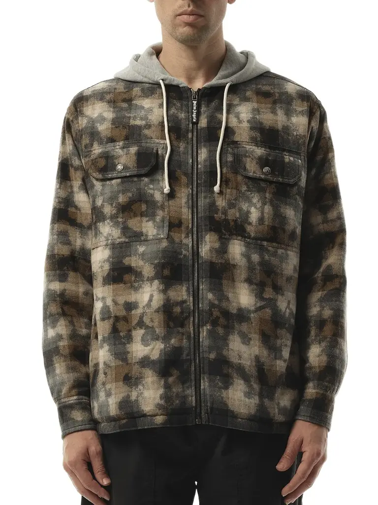 Palm Angels Curved Logo Check Overshirt in Grey/off White Grey | Image 1 Palm Angels Curved Logo Check Overshirt in Grey/off White Grey | Image 1