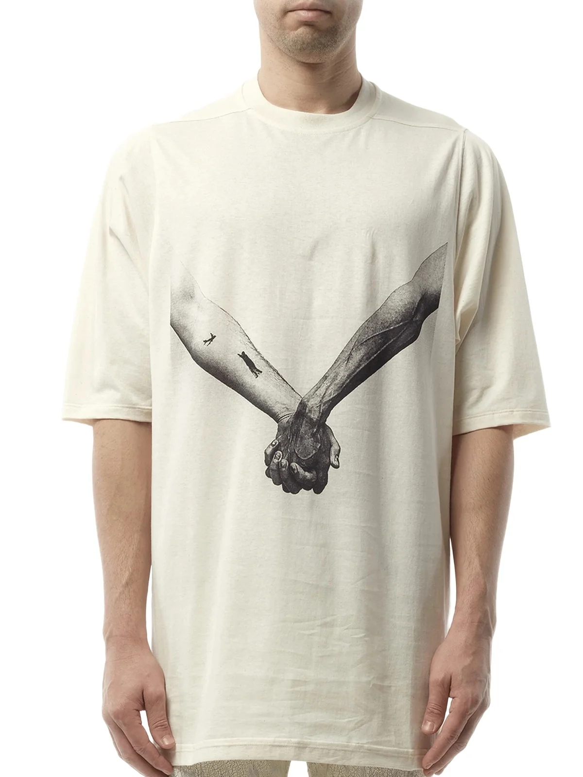 Rick Owens Jumbo SS "Holding Hands" T-shirt in Natural/black