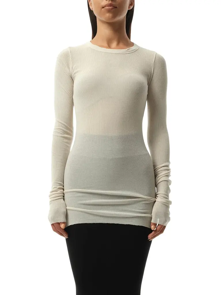 Rick Owens Rib Long Sleeve T-shirt in Dinge White | Image 1 Rick Owens Rib Long Sleeve T-shirt in Dinge White | Image 1