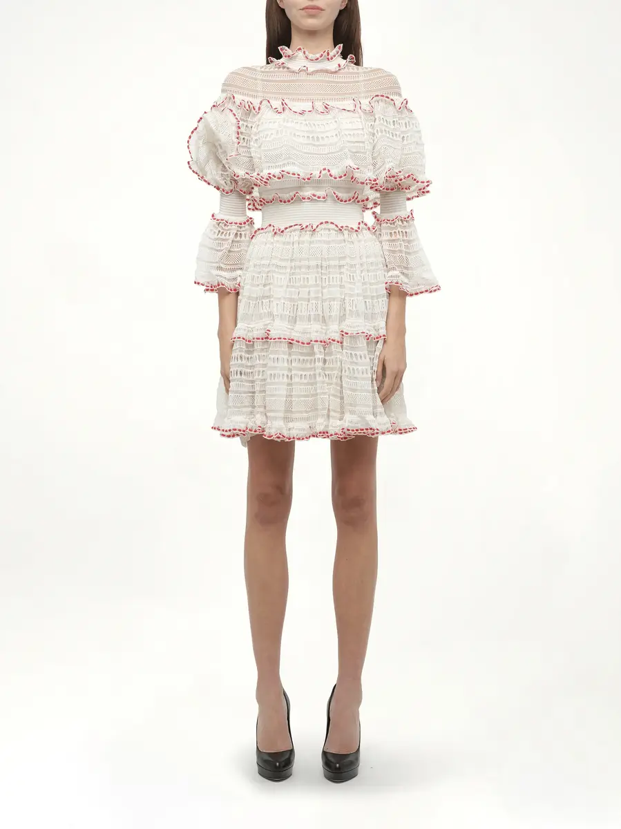 Alexander McQueen Amq - Volume Lace Mini Dress in White/pink | Thumbnail 4 Alexander McQueen Amq - Volume Lace Mini Dress in White/pink | Thumbnail 4