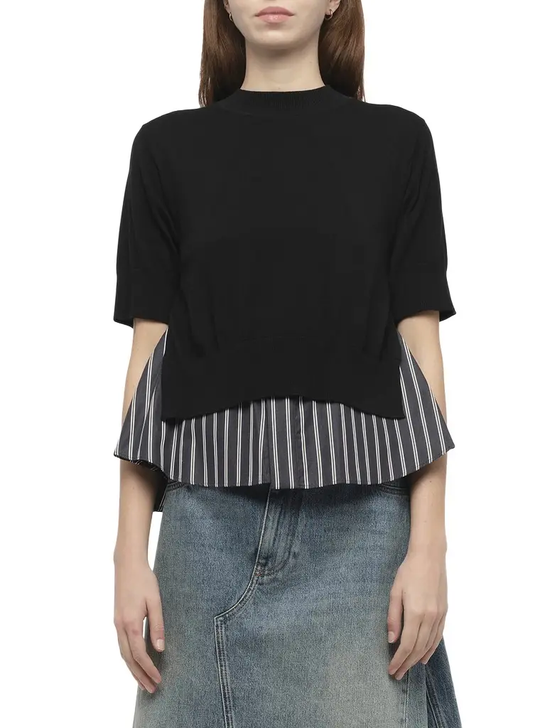 Sacai Poplin x Knit Pullover in Black/dark Navy Stripe Black | Image 1 Sacai Poplin x Knit Pullover in Black/dark Navy Stripe Black | Image 1