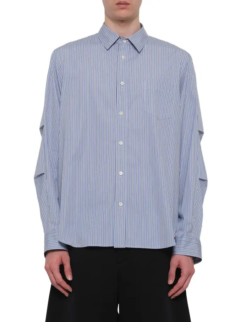 Sacai Poplin Shirt in Light Blue Stripe | Image 1 Sacai Poplin Shirt in Light Blue Stripe | Image 1