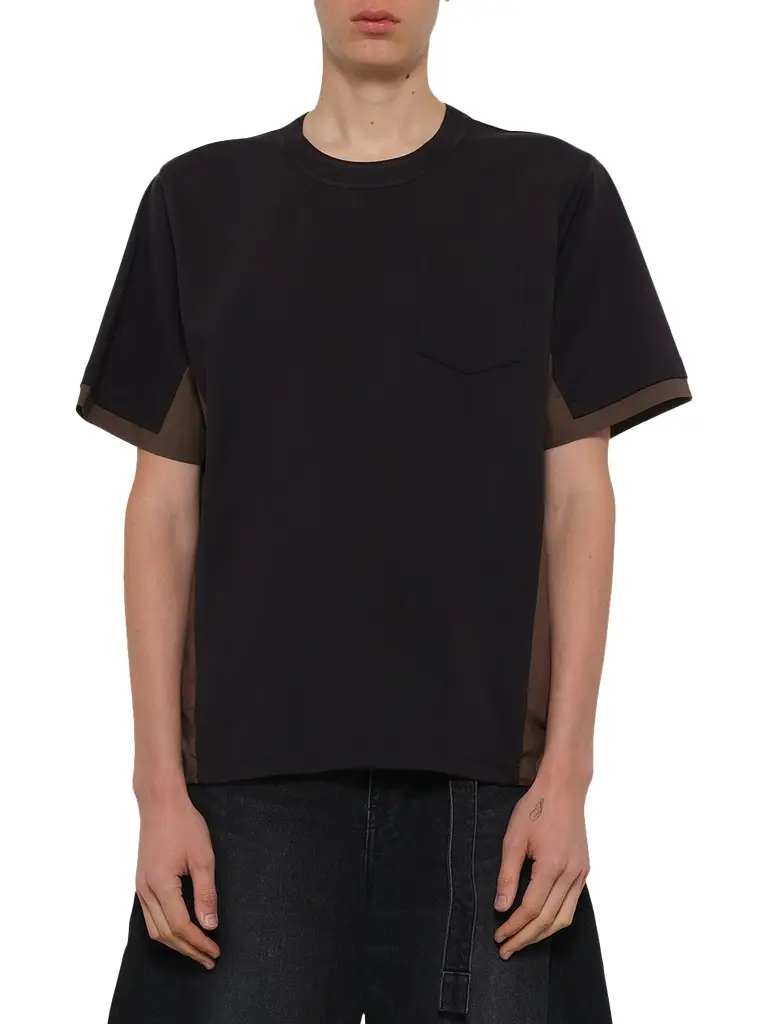 Sacai Cotton Typewriter x Jersey T-shirt in Navy/taupe | Image 1 Sacai Cotton Typewriter x Jersey T-shirt in Navy/taupe | Image 1