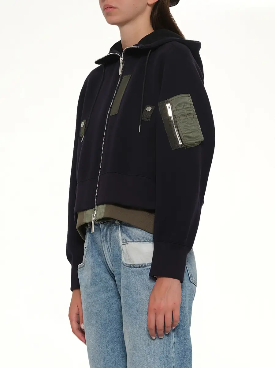 Sacai Sponge Sweat x Nylon Twill Small Hoodie in Navy/khaki | Thumbnail 2