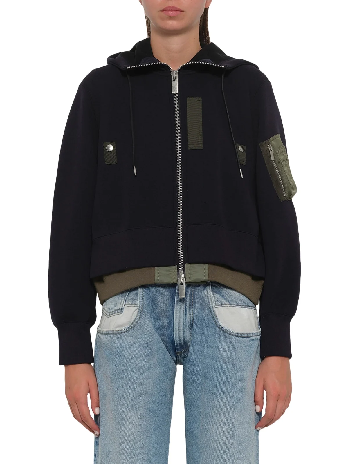 Sacai Sponge Sweat x Nylon Twill Small Hoodie in Navy/khaki