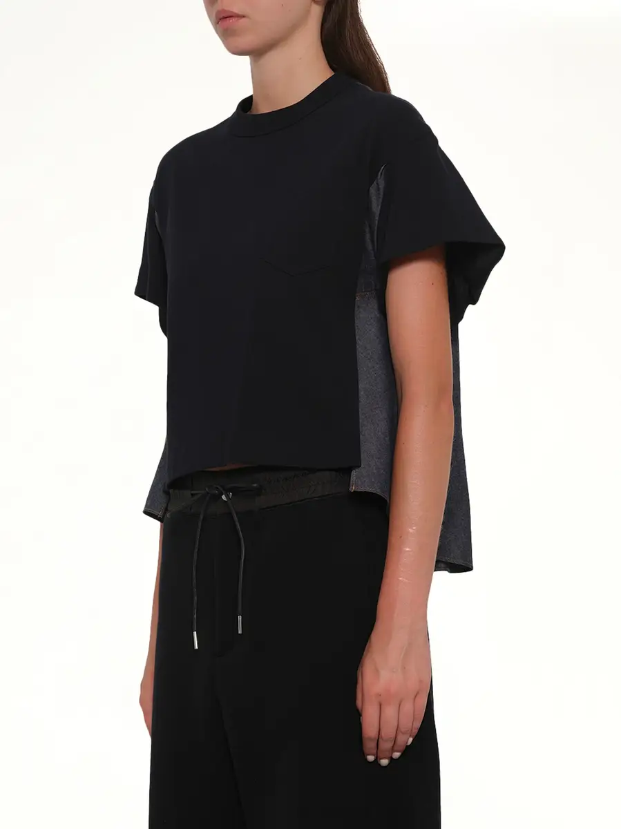 Sacai Light Weight Denim x Poplin Jersey T-shirt in Navy/blue Navy | Thumbnail 2