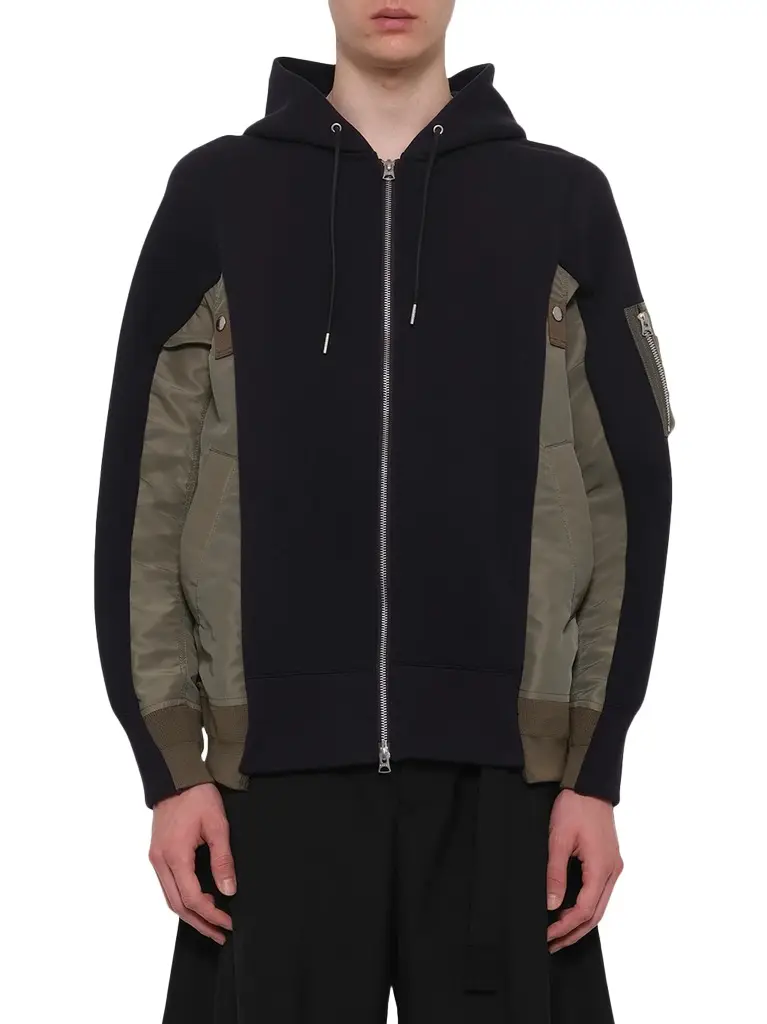 Sacai Sponge Sweat x Nylon Twill Zip Hoodie in Navy/khaki | Image 1 Sacai Sponge Sweat x Nylon Twill Zip Hoodie in Navy/khaki | Image 1