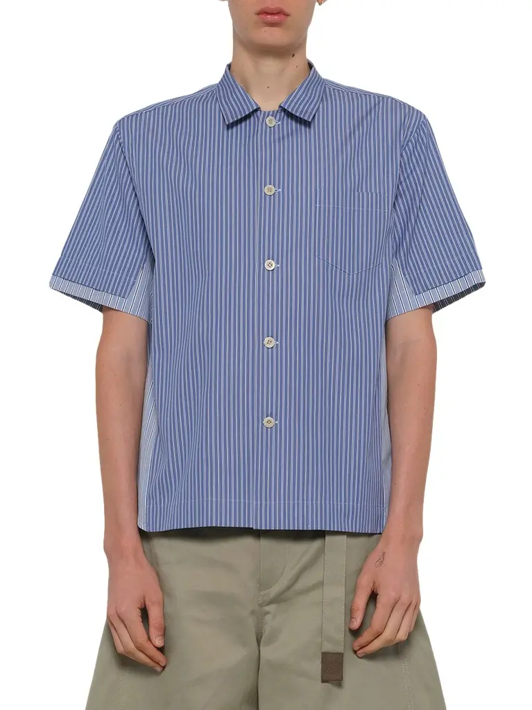 Sacai Poplin Shirt in Blue Stripe | Image 1 Sacai Poplin Shirt in Blue Stripe | Image 1
