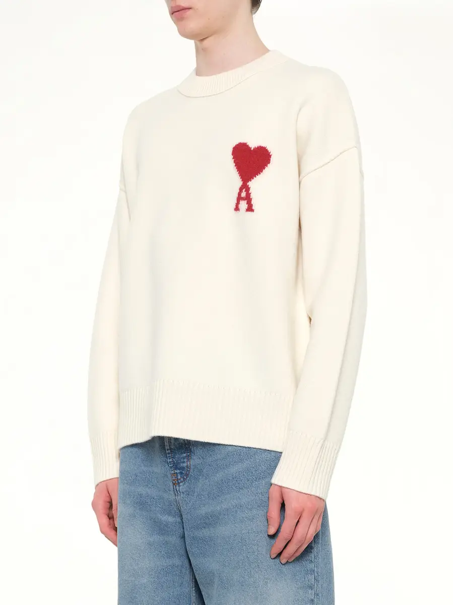 AMI PARIS Red Ami De Coeur Sweater in Cream White | Thumbnail 2 AMI PARIS Red Ami De Coeur Sweater in Cream White | Thumbnail 2