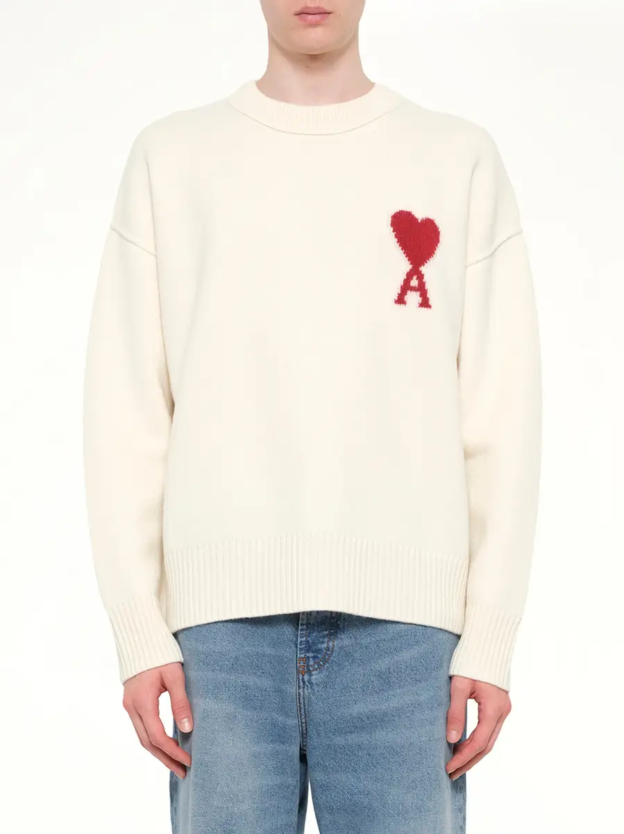 AMI PARIS Red Ami De Coeur Sweater in Cream White | Thumbnail 3 AMI PARIS Red Ami De Coeur Sweater in Cream White | Thumbnail 3