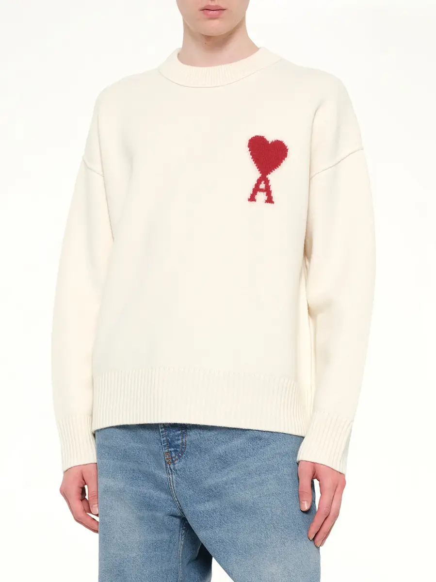 AMI PARIS Red Ami De Coeur Sweater in Cream White | Thumbnail 6 AMI PARIS Red Ami De Coeur Sweater in Cream White | Thumbnail 6