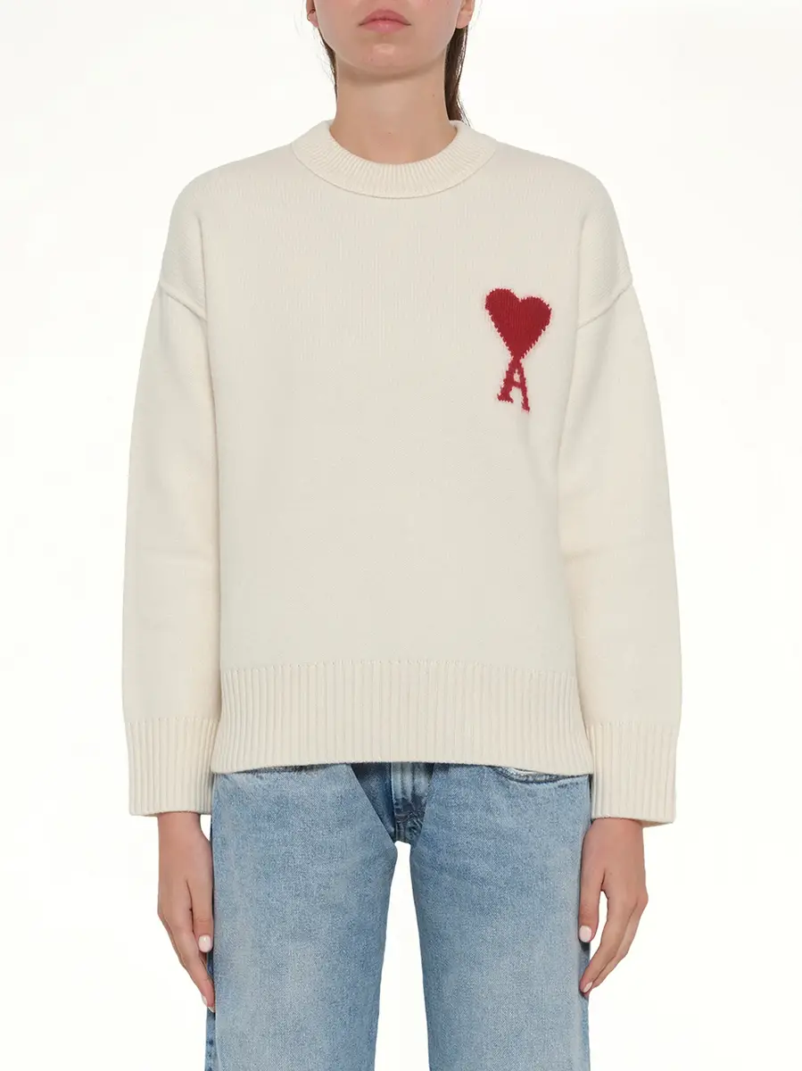AMI PARIS Red Ami De Coeur Sweater in Cream White | Thumbnail 8 AMI PARIS Red Ami De Coeur Sweater in Cream White | Thumbnail 8