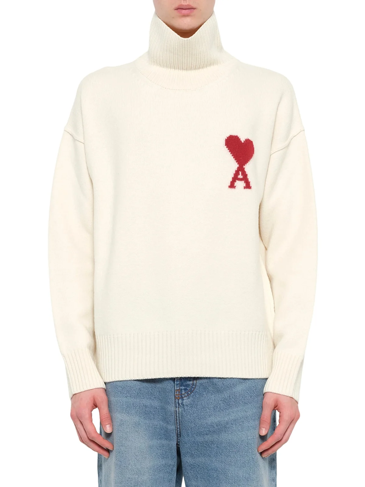 Contrasted Ami De Coeur Funnel Neck Sweater in Off White Contrasted Ami De Coeur Funnel Neck Sweater in Off White