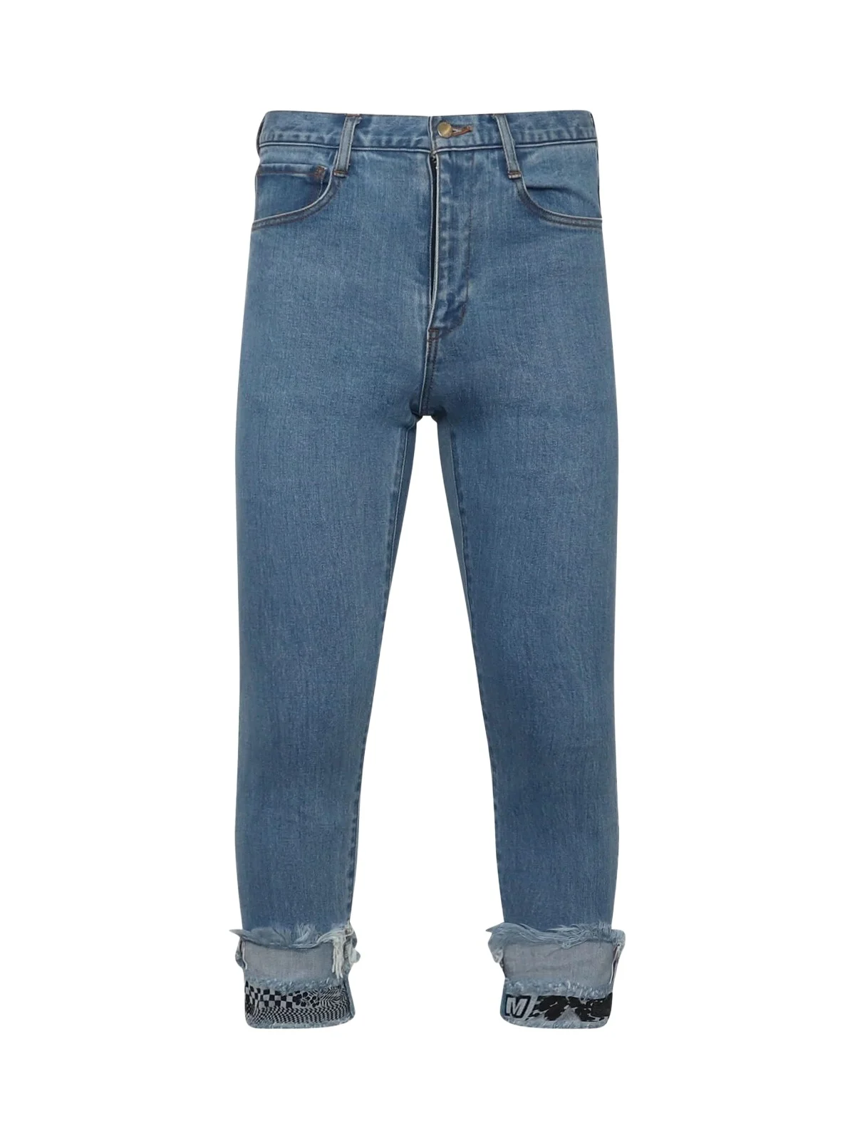 FACETASM Cropped Print Denim Pants in Indigo