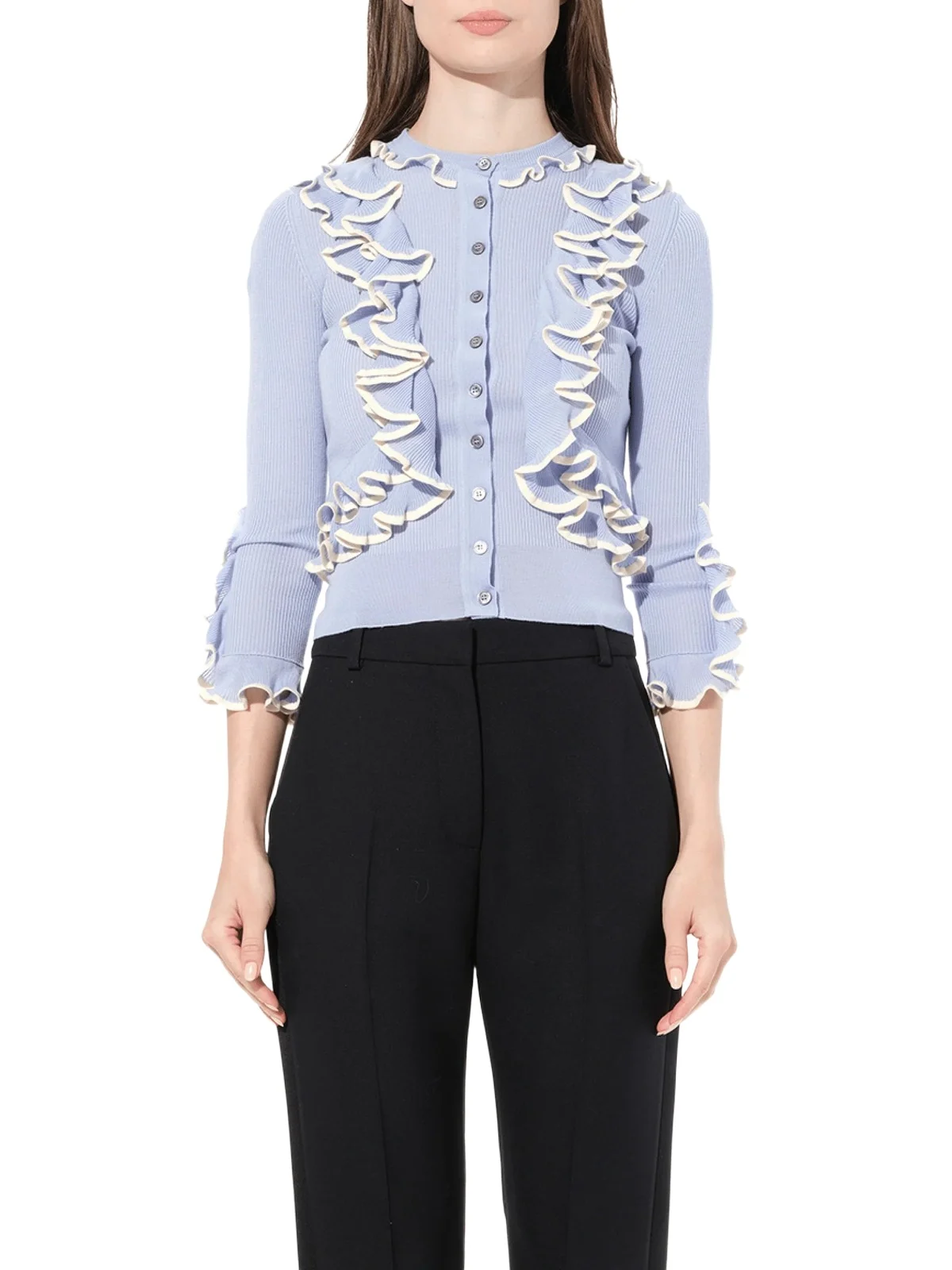 Ruffle Knit Cardigan in Light Blue Ruffle Knit Cardigan in Light Blue