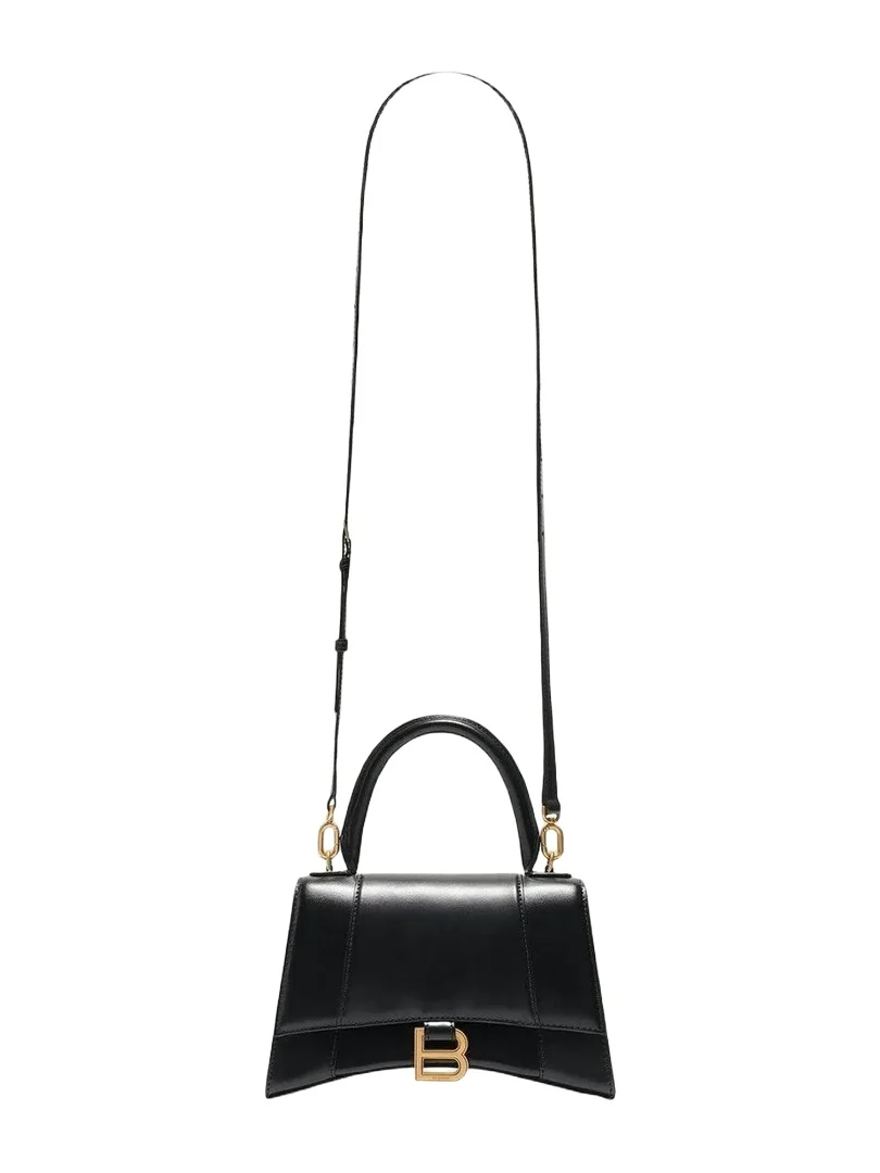 Balenciaga Hourglass Small Handbag in Box Calfskin Black With Gold Plaque