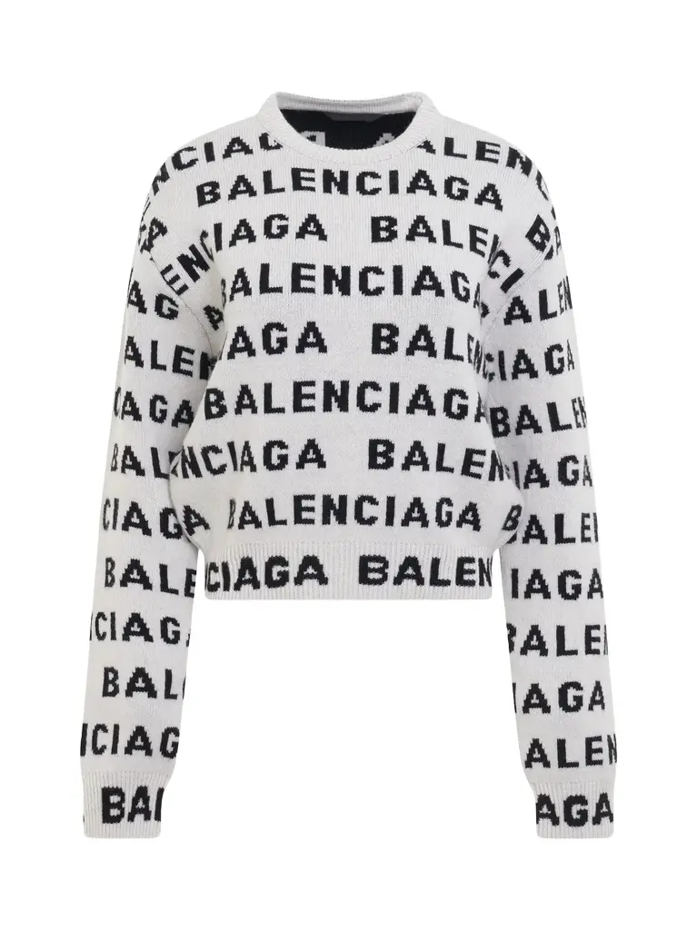 Balenciaga Allover Logo Horizontal Cropped Sweater | Image 1 Balenciaga Allover Logo Horizontal Cropped Sweater | Image 1