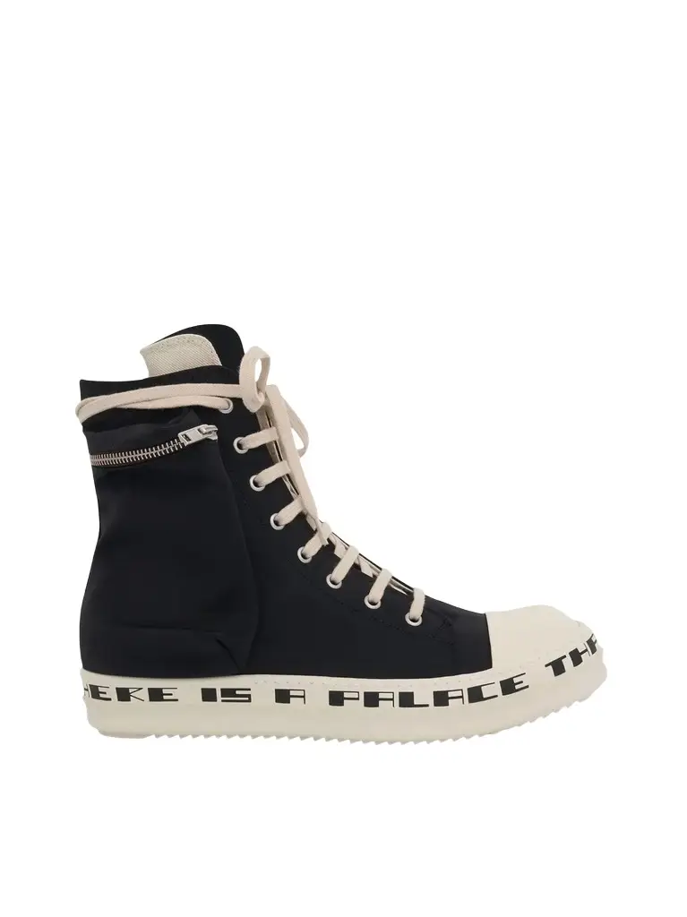 RICK OWENS DRKSHDW Cargo High Sneaker With Tears Bumper in Black/milk Black | Image 1 RICK OWENS DRKSHDW Cargo High Sneaker With Tears Bumper in Black/milk Black | Image 1