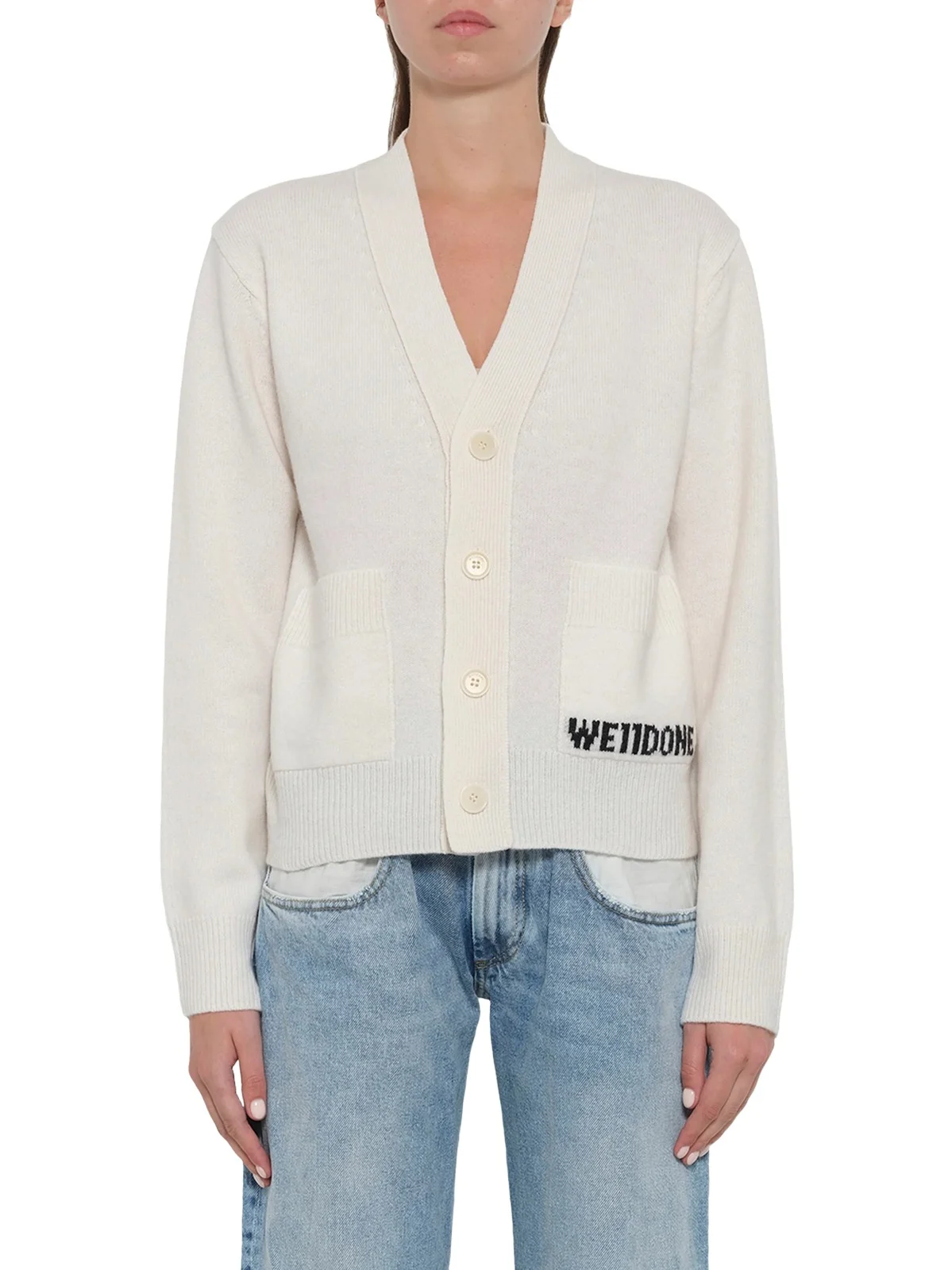 We11Done Pocket Logo Knit Cardigan in Ivory